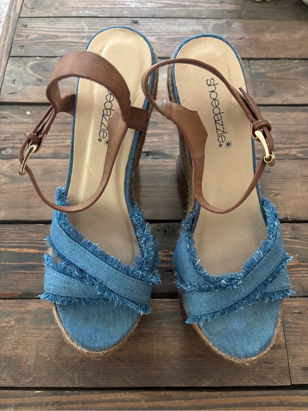 Shoe Dazzle Blue Denim Wedge Sandals